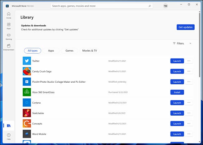 A visualização do Lirbary da visualização da Windows 11 Microsoft Store.