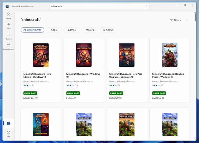 Exemplo de resultados de pesquisa na visualização da Windows 11 Microsoft Store.