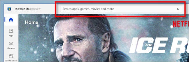 A barra de pesquisa na nova visualização da Microft Store.