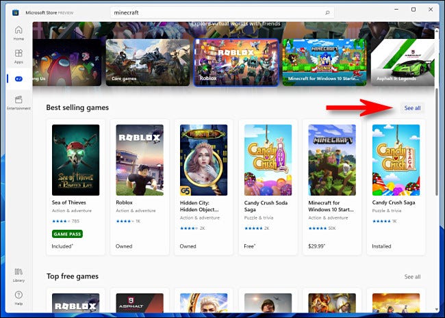 Na loja do Windows 11 da Microsoft, clique em "Ver todos" para ver mais itens em uma subcategoria.