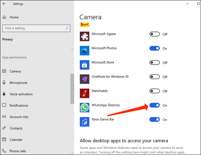 Para fazer chamadas de vídeo, permita o acesso do WhatsApp à câmera no Windows 10.