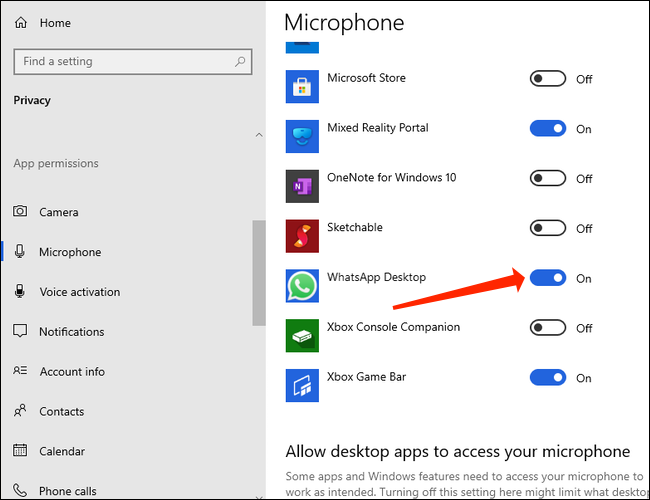 Para fazer chamadas de voz, permita o acesso do WhatsApp aos microfones no Windows 10.