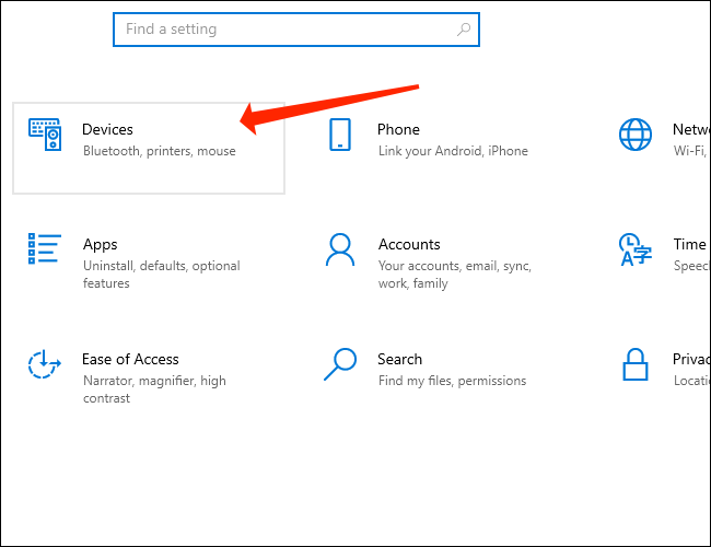 Clique em Dispositivos nas configurações do Windows 10 para acessar as configurações de emparelhamento Bluetooth