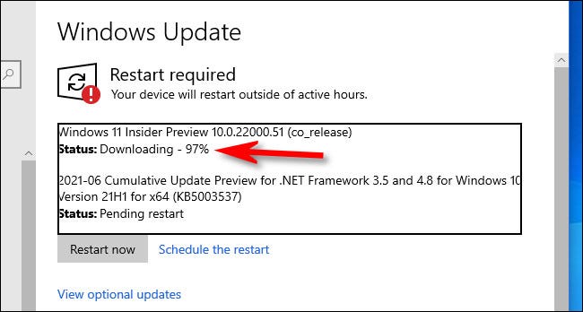 Você verá o andamento do download do Windows 11 Preview no Windows Update.