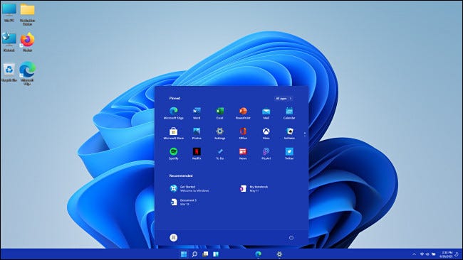 Área de trabalho do Windows 11 Insider Preview e menu Iniciar