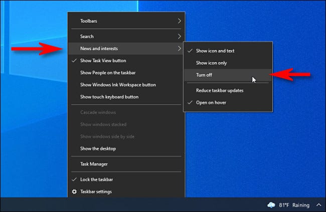 Para desligar o widget de notícias da barra de tarefas do Windows 10, clique com o botão direito na barra de tarefas e selecione "Notícias e interesses" e "Desligar" no menu.