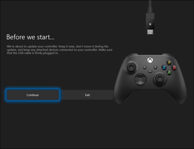 Clique em Continuar para iniciar a atualização do seu Controlador Xbox Wireless