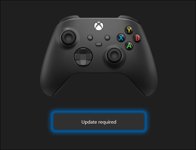 O Xbox Wireless Controller pode ser atualizado usando um PC com Windows 10.  Clique em Atualização necessária para iniciar o processo