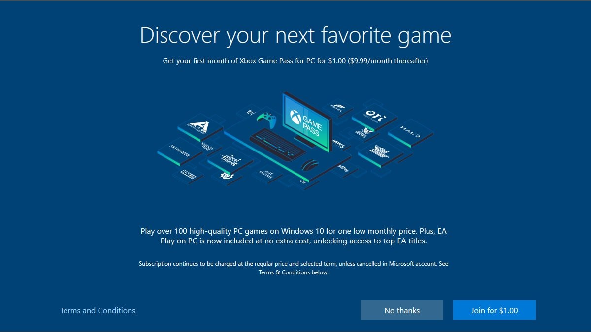 Anúncio do Xbox Game Pass da Microsoft durante o processo de instalação do Windows 10.