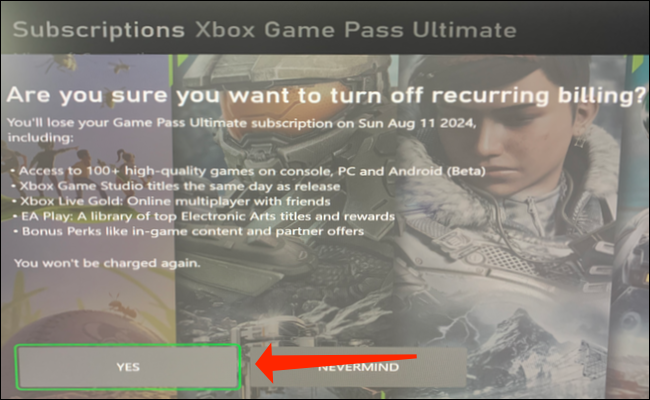 Selecione "Sim" para desativar o faturamento recorrente do Xbox Game Pass.