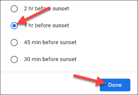 escolha um horário com base no nascer ou pôr do sol e toque em "Concluído"