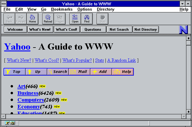 Netscape Navigator mostrando uma página da web do Yahoo por volta de 1994.