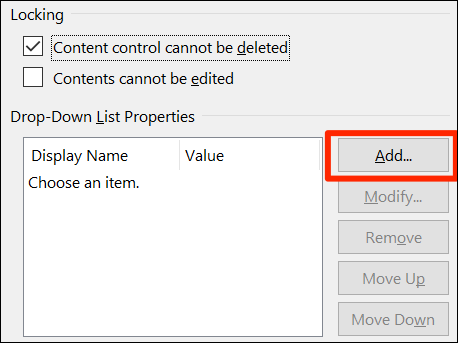 Clique em "Adicionar" para adicionar um item de lista suspensa na janela "Propriedades de controle de conteúdo" do Word.