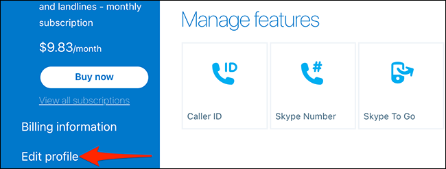 Selecione "Editar perfil" na página "Minha conta" no site do Skype.