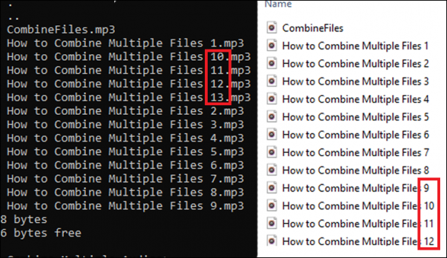 Diferenças na ordem de nomes de arquivos do prompt de comando e do File Explorer.