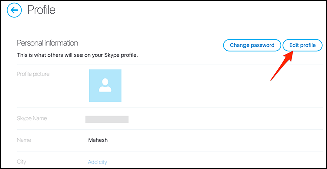 Selecione "Editar Perfil" na página "Perfil" do site do Skype.