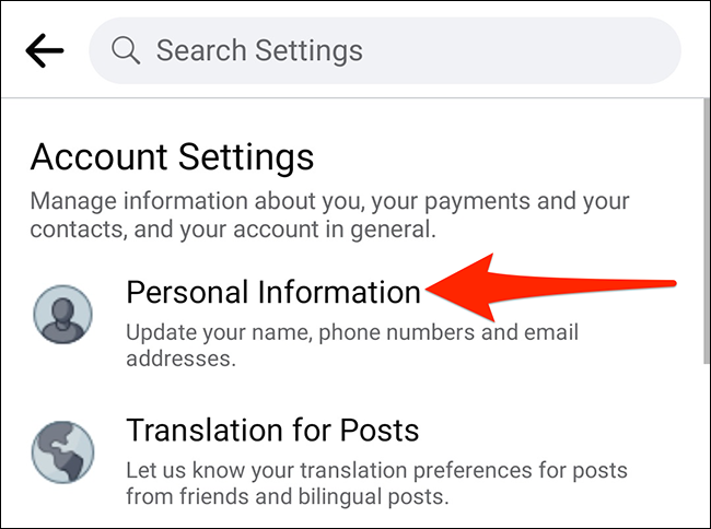 Selecione "Informações pessoais" na tela "Configurações da conta" no Facebook.