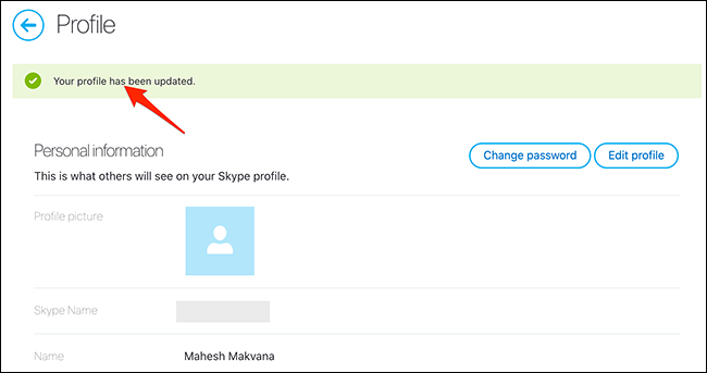 Uma mensagem de sucesso no site do Skype.