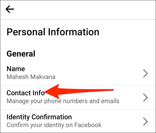 Selecione "Informações de contato" na tela "Informações pessoais" do Facebook.