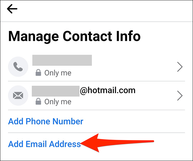 Toque em "Adicionar endereço de e-mail" na tela "Gerenciar informações de contato" no Facebook.