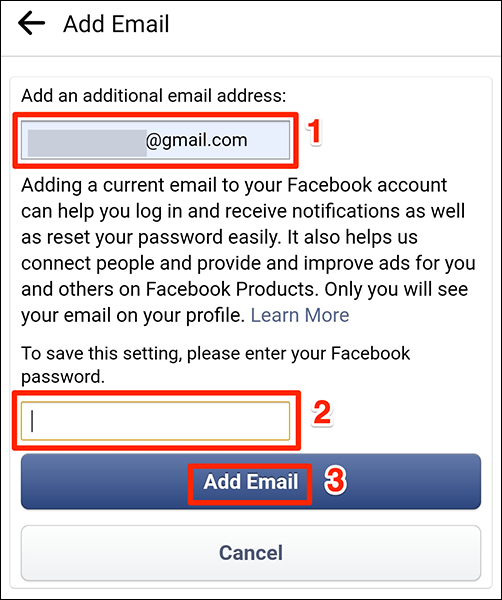 Digite um e-mail e uma senha na tela "Adicionar e-mail" do Facebook.