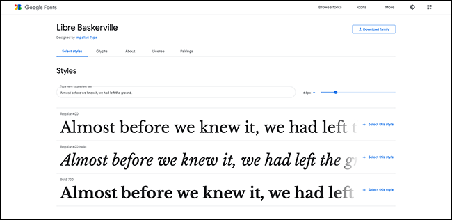 Página de fontes Libre baskerville no Google Fonts