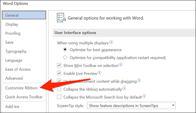 Selecione "Personalizar Faixa de Opções" na janela "Opções do Word" do Word.