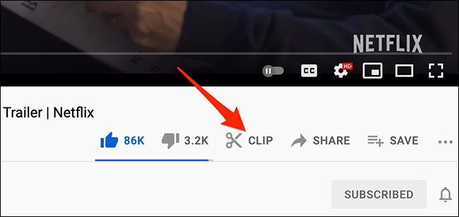 Selecione "Clipe" em uma página de vídeo do YouTube.