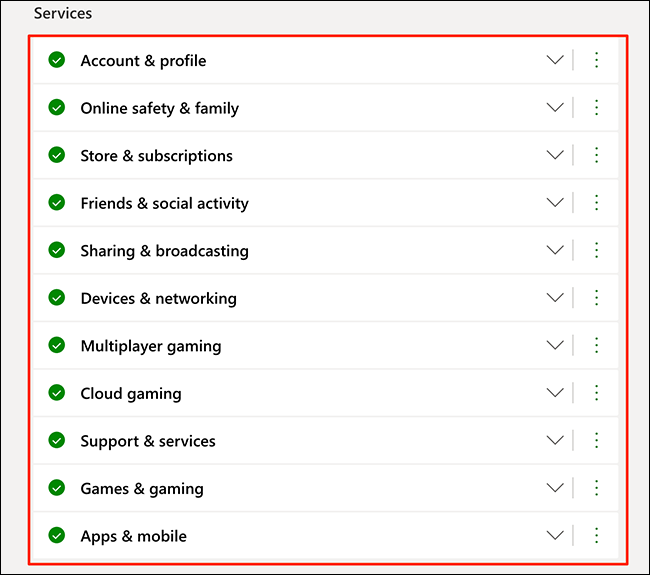 A seção "Serviços" no site Xbox Status.