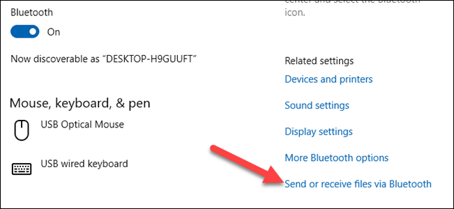 Clique no link "Enviar ou receber arquivos via Bluetooth" no seu computador Windows