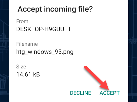 Toque no botão "Aceitar" no Android para aceitar a transferência do arquivo