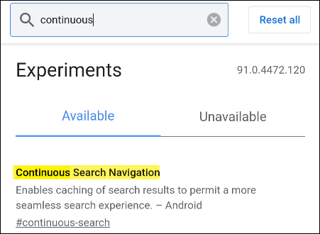 Em seguida, comece a digitar "Navegação de pesquisa contínua" na caixa de pesquisa até ver a bandeira com o mesmo nome.