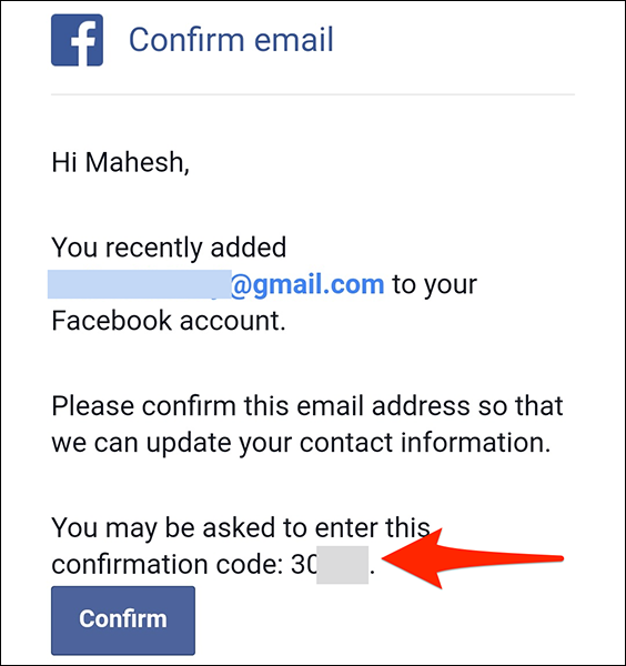 Copie o código exclusivo do e-mail de confirmação do Facebook.