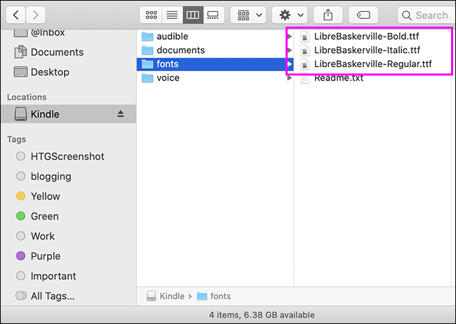 arquivos de fontes na pasta de fontes do Kindle