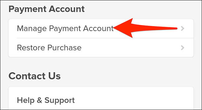Toque em "Gerenciar conta de pagamento" no menu "Configurações" do aplicativo Tinder.