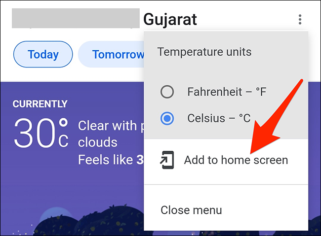 Selecione "Adicionar à tela inicial" no menu do card do tempo no Google app.