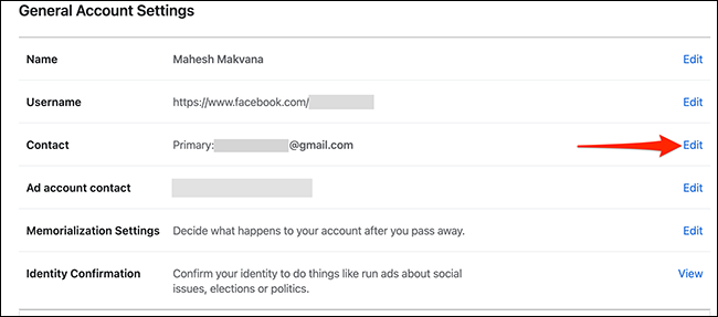 Selecione "Editar" ao lado de "Contato" no Facebook.