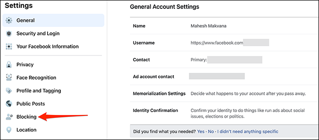 Selecione "Bloqueio" na página "Configurações gerais da conta" do site do Facebook.