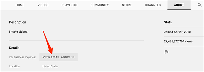 Selecione "Exibir endereço de e-mail" na página de um canal do YouTube.