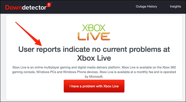 Status online da rede Xbox no Downdetector.
