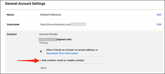 Escolha "Adicionar outro e-mail ou número de celular" na seção "Contato" do Facebook.
