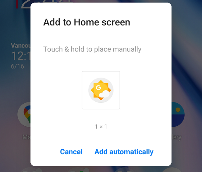Pop-up "Adicionar à tela inicial" do aplicativo de clima no Android.