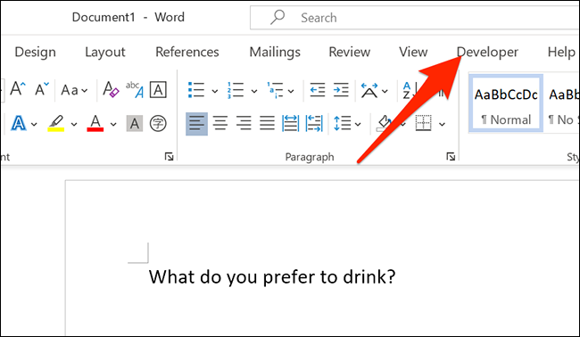 Clique em “Desenvolvedor” na parte superior da janela do Word.