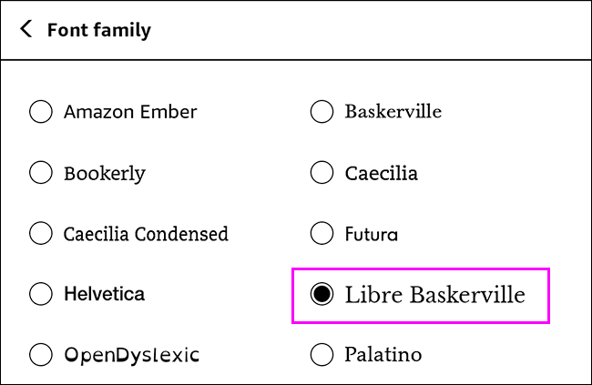 Visualização de famílias de fontes Kindle com libre baskerville adicionado