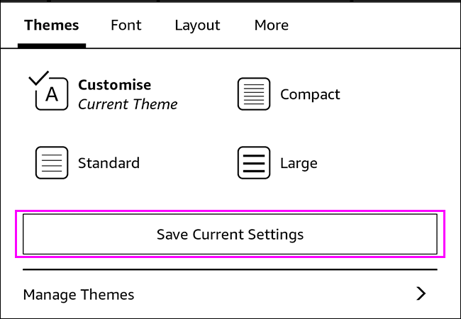 Toque em Salvar configurações atuais para criar um tema personalizado no Kindle