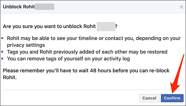 Selecione "Confirmar" para confirmar a ação de desbloqueio no site do Facebook.