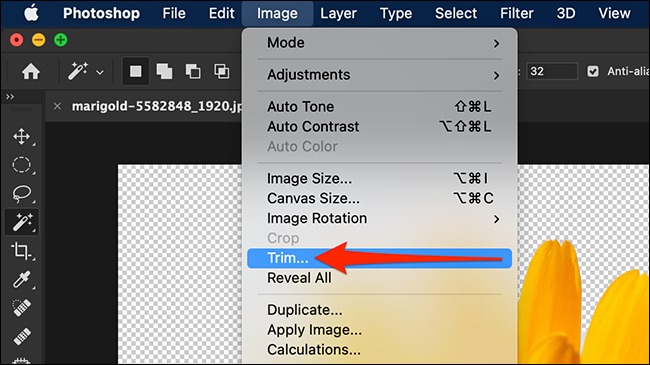 Selecione "Image> Trim" na barra de menu do Photoshop.