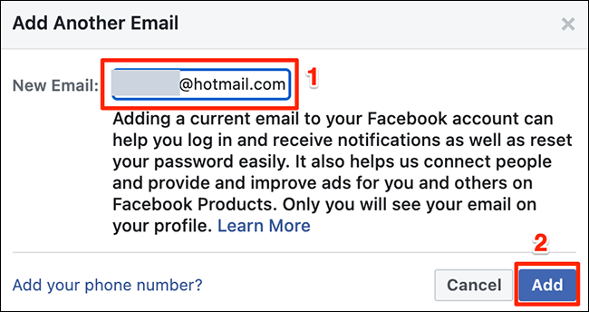 Digite um endereço de e-mail na janela "Adicionar outro e-mail" no Facebook.