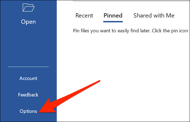 Selecione "Opções" no Word.