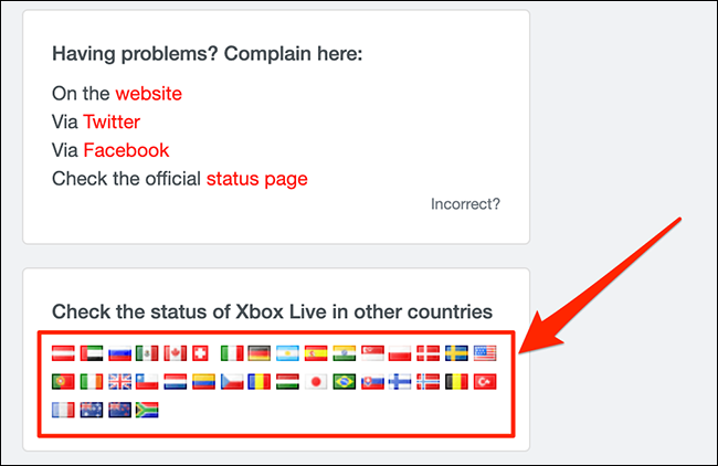 Menu de status regional da rede Xbox no Downdetector.